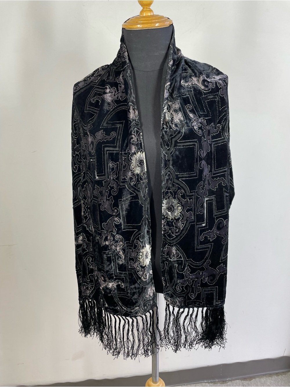 100% Silk Black Silver Velvet Burnout Scarf Fringe Wrap Gothic Boho Vintage Chic